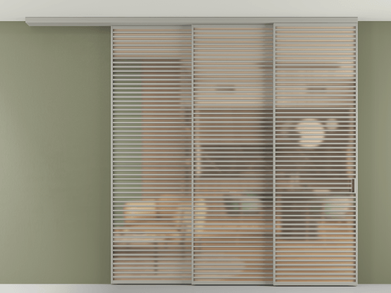 Алюминевая перегородка АЛПР 040.07_АНСР_САТ ОРАНЖ_new. Цвет Алюминий нейтральный серый. Материал Алюминий в эмали. Коллекция Перегородка Formato вдоль стены на потолок 3 створки с синхронным механизмом. Картинка.