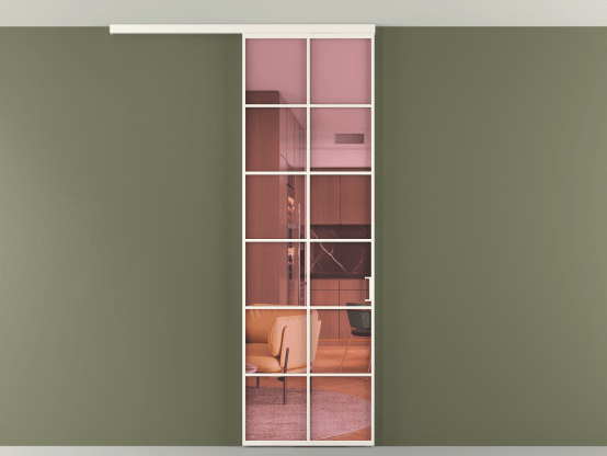 Алюминевая перегородка vd1_05 Алюминий пудровый белый Прозрачное розовое стекло, триплекс, 6мм. Цвет Алюминий пудровый белый. Материал Алюминий в эмали. Коллекция Перегородка Formato вдоль стены на потолок 1 створка. Картинка.