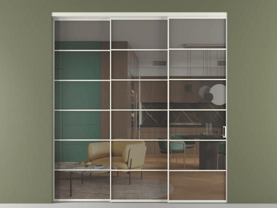 Алюминевая перегородка vn3_04 Серый триплекс БЕЛ. Цвет Алюминий Белый. Материал Алюминий. Коллекция Перегородка Формато внутри проёма 3 створки с синхронным механизмом. Картинка.