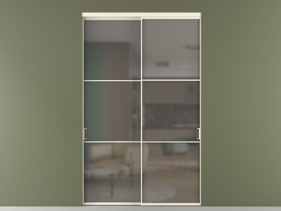 Алюминевая перегородка АЛПР 040.03_АМБ_Серый сатин триплекс_new. Цвет Алюминий молочно-белый. Материал Алюминий в эмали. Коллекция Перегородка Формато внутри проёма 2 створки. Картинка.