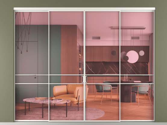 Алюминевая перегородка vn2+2_02_ Алюминий светло-серый Прозрачное розовое стекло, триплекс, 6мм. Цвет Алюминий светло-серый. Материал Алюминий в эмали. Коллекция Перегородка Formato внутри проёма 4 створки. Картинка.