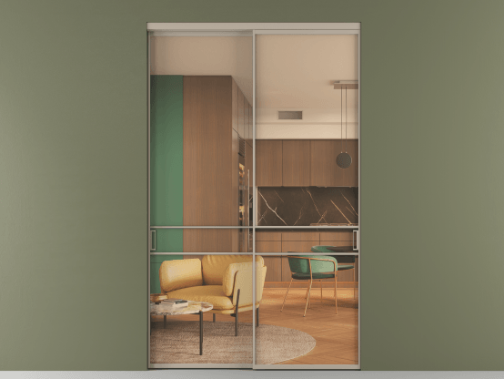 Алюминевая перегородка АЛПР 040.02_АБСК_ПРОЗ ОРАНЖ_new. Цвет Алюминий бисквитный. Материал Алюминий в эмали. Коллекция Перегородка Formato внутри проёма 2 створки. Картинка.